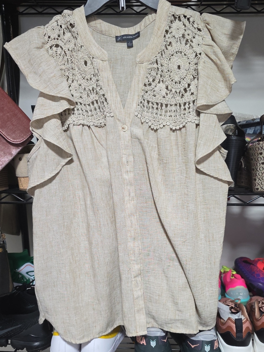 Adrianna Papell Cream Crochet Yoke Flutter Sleeve Blouse
